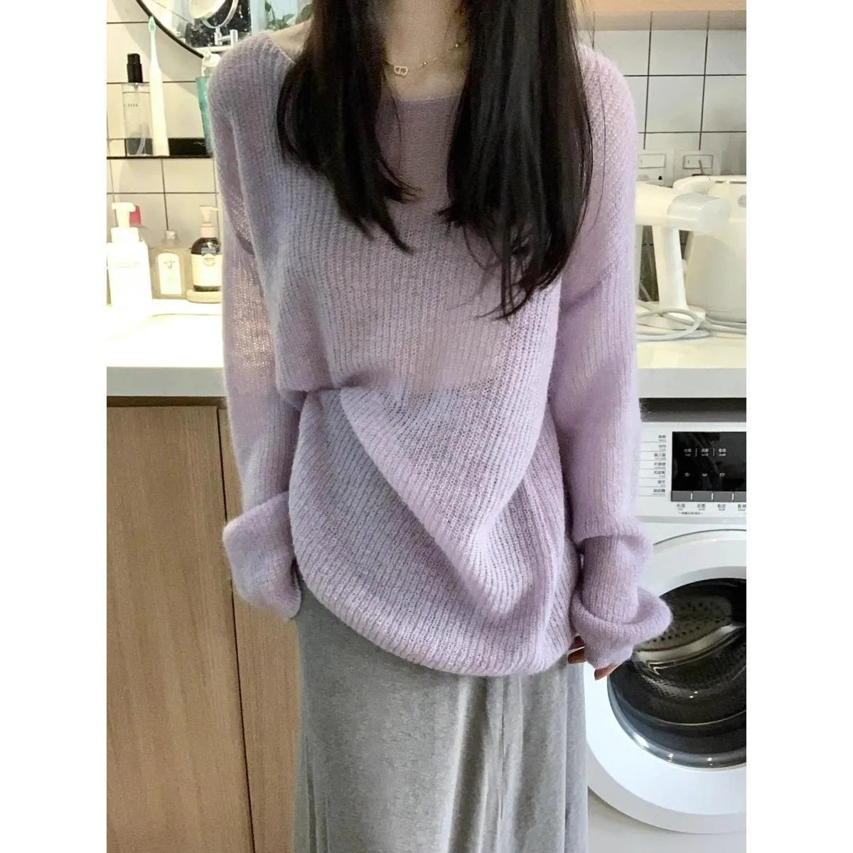 Purple women's blouse with hollow out design, Princess sleeves, and a shoulder strap, made from lightweight Ice Silk fabric.
