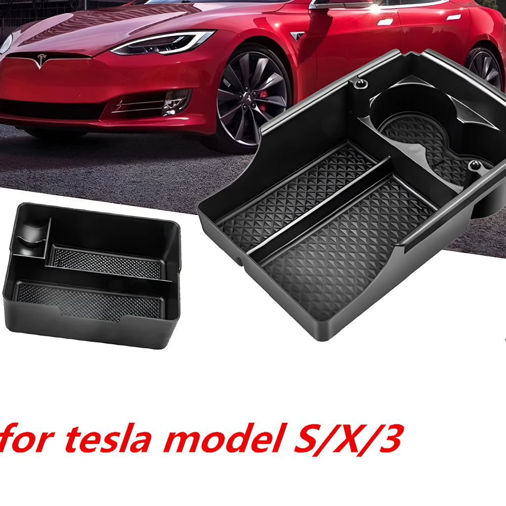 Tesla central armrest storage box retrofit accessory in plastic for Model 3, Model S, and Model X