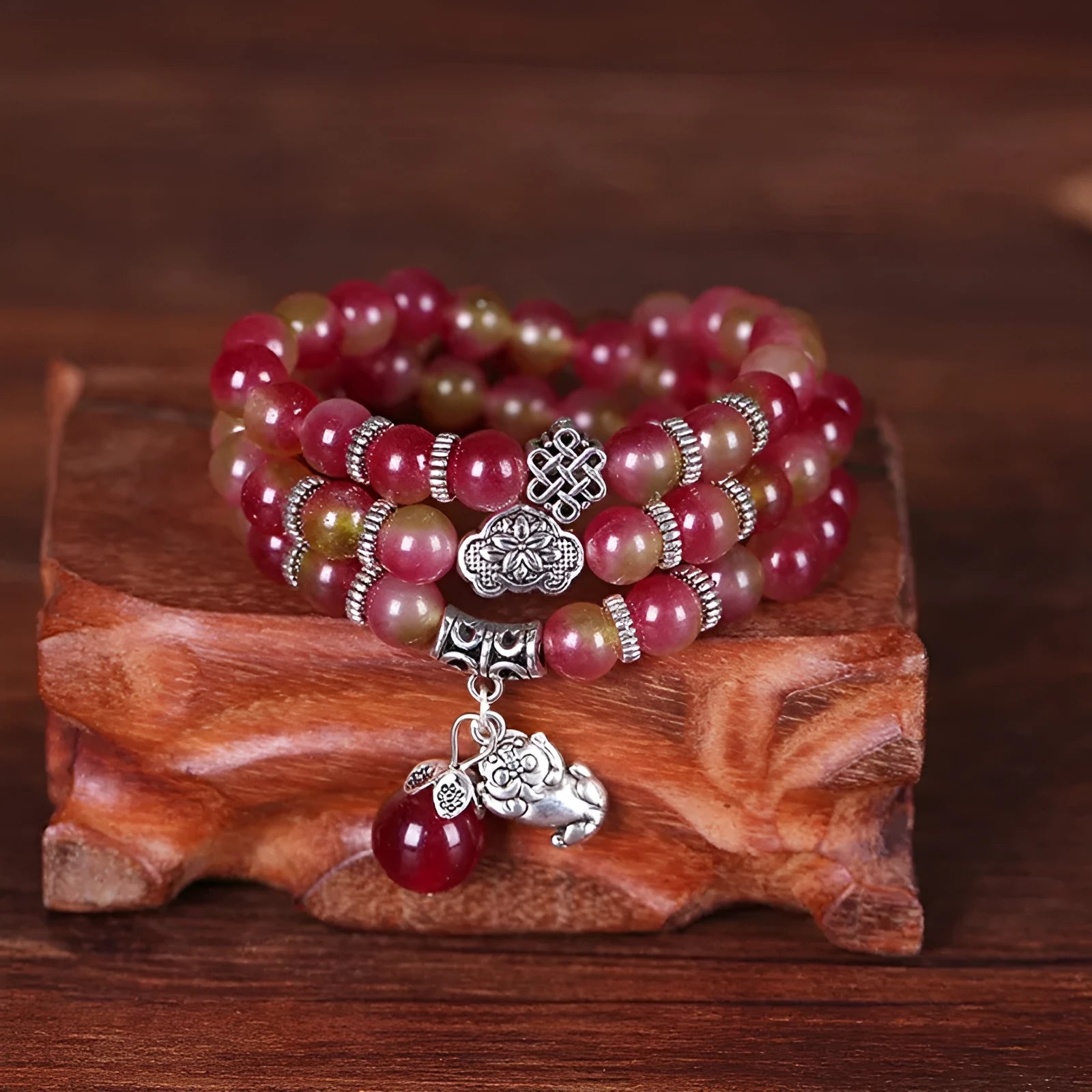 Handmade watermelon crystal bracelet with Chinese knot in geometric national style
