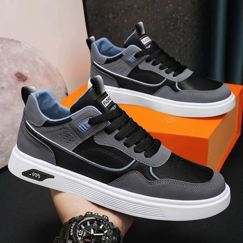 Men's Korean-style low-top canvas board shoes in black, beige, or gray with mesh lining and leather stitching.