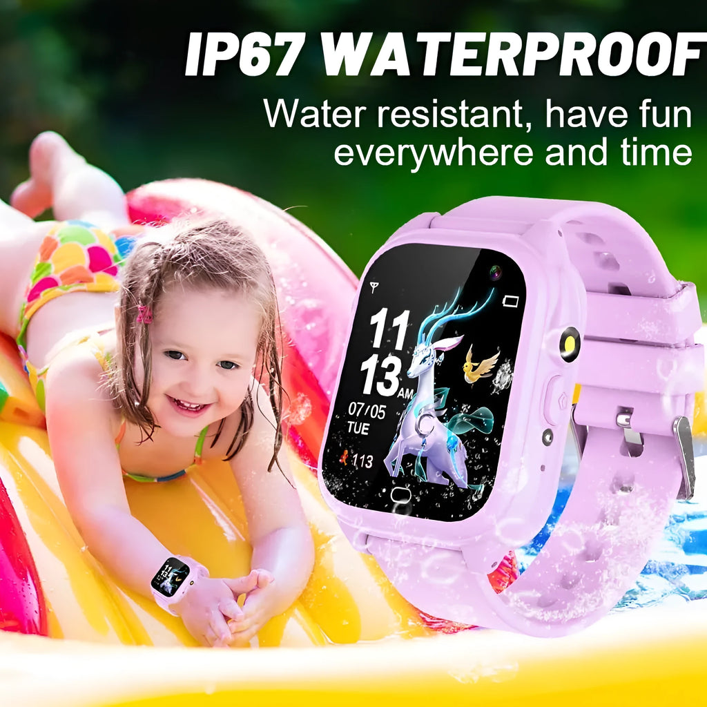 Children's waterproof smart watch with 1.4 inch screen, plastic body, USB charging, in black, pink, blue or purple.