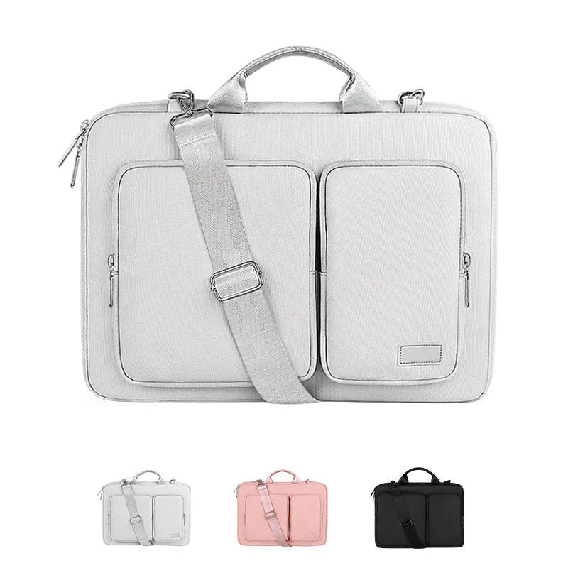Shock proof shoulder laptop bag in black, grey or pink, polyester with retractable handle and zipper, sizes 13.3 to 15.6 inches.
