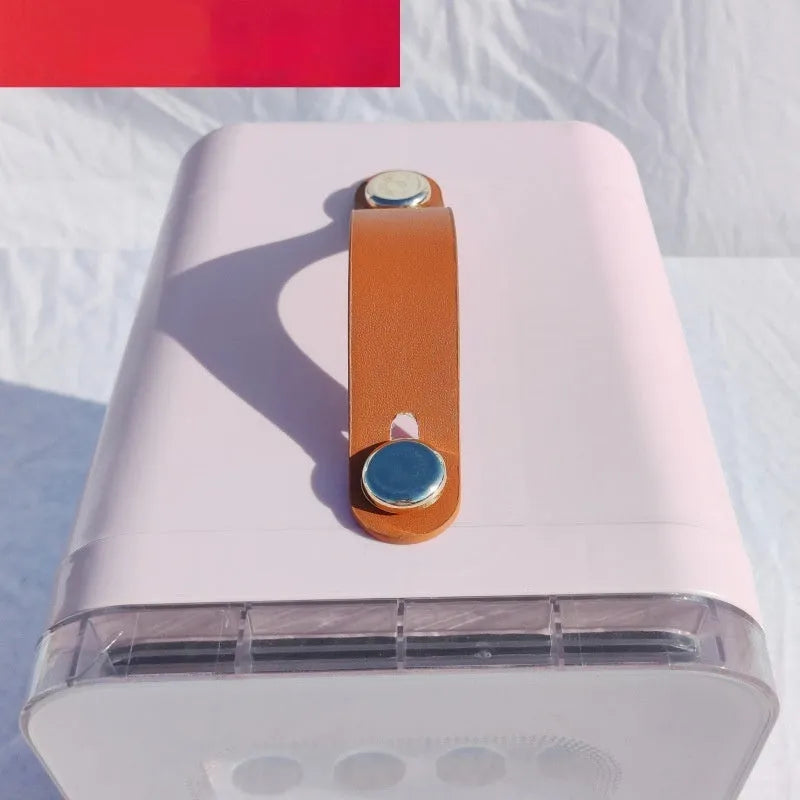 Mini refrigerator with transparent door showing 6L capacity, available in pink, black, or white colours