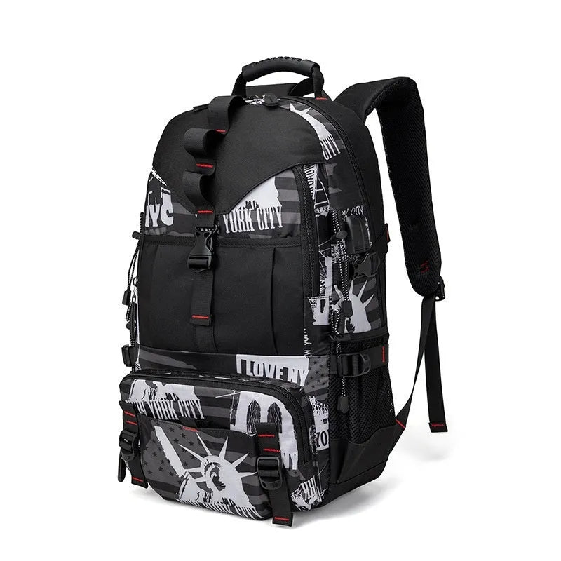Men's large black waterproof oxford cloth hiking backpack with contrast straps and multiple compartments.