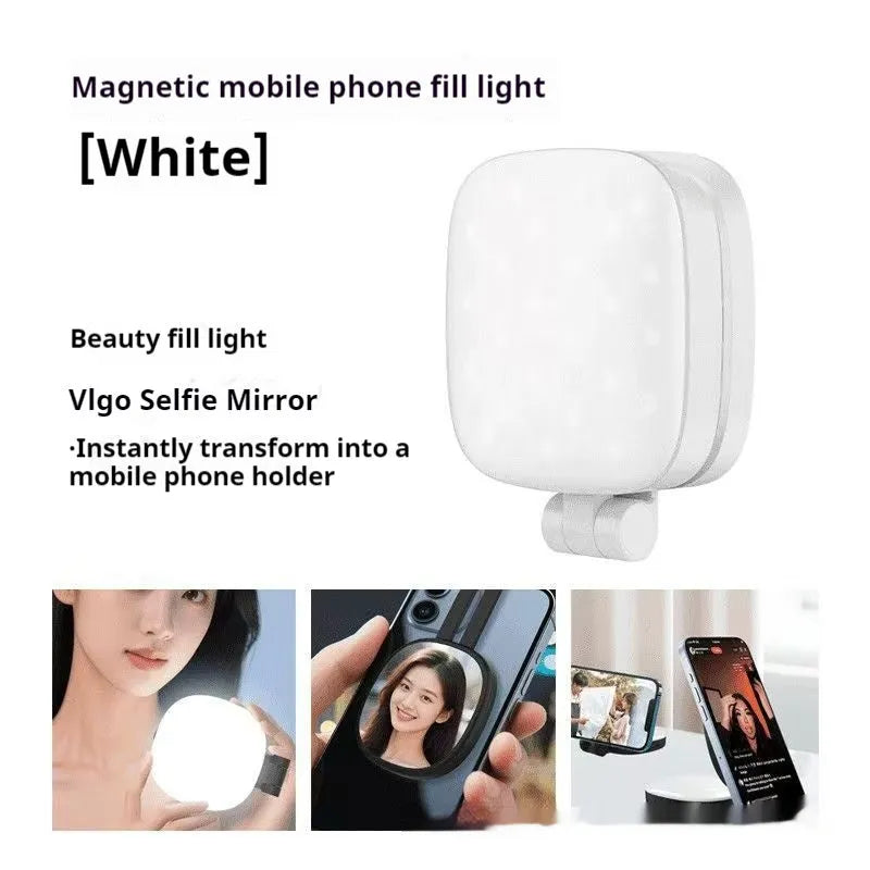 Black and white mini magnetic fill light for mobile phone with adjustable phone holder.