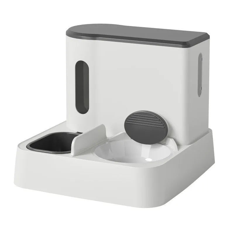 Grey automatic cat feeder and water dispenser station with integrated double bowls