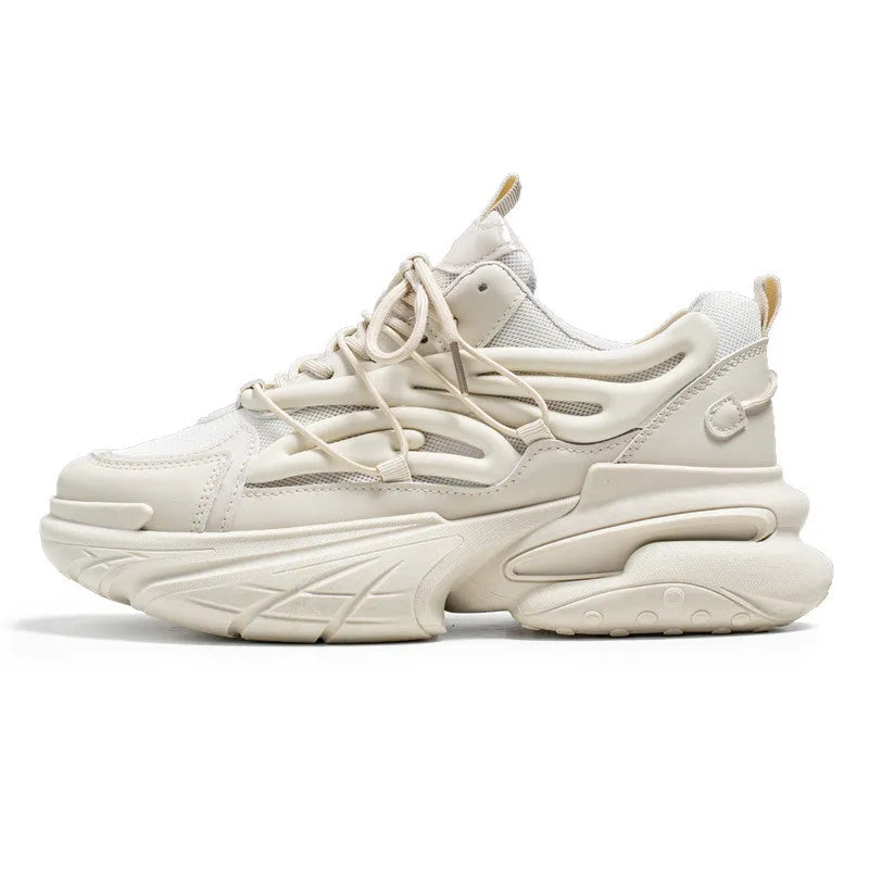 Men's beige sneaker with mesh and PU leather upper, round toe and platform heel