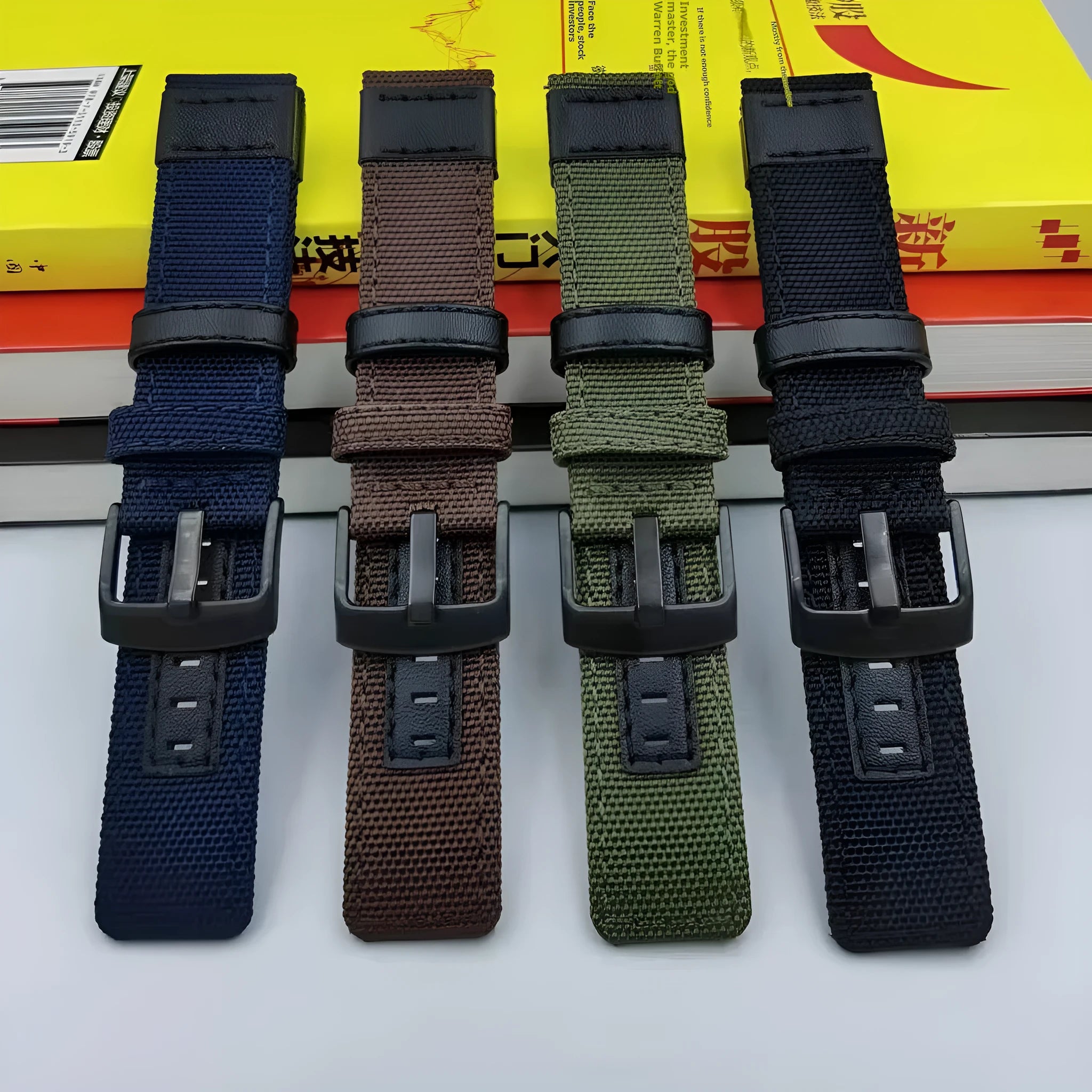 Oxford cloth watch strap in multiple colours showing short and extended length options.