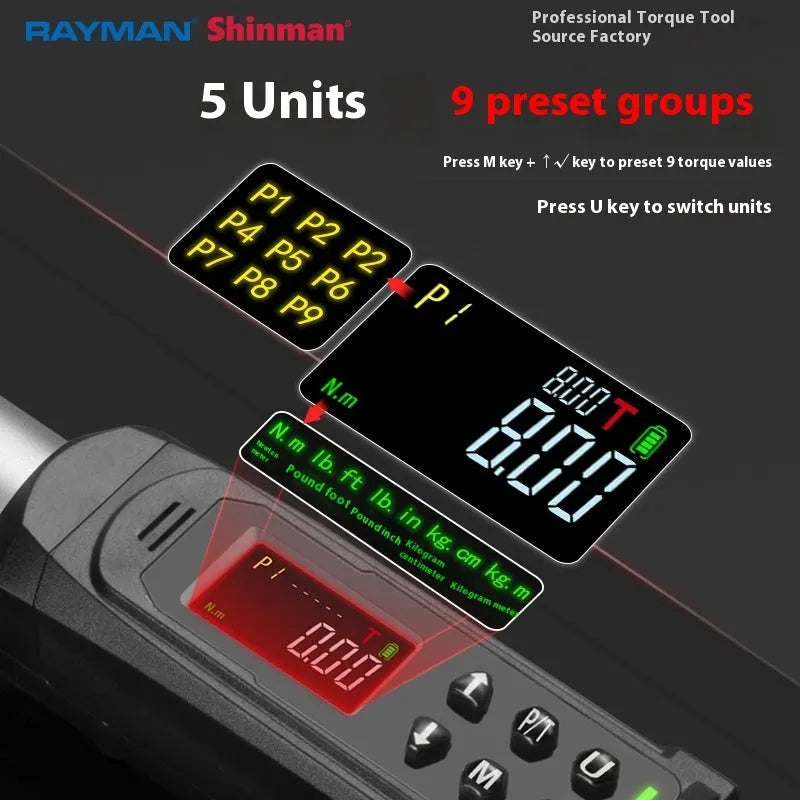 Electronic digital display torque wrench with LCD screen on chrome-vanadium steel shaft.