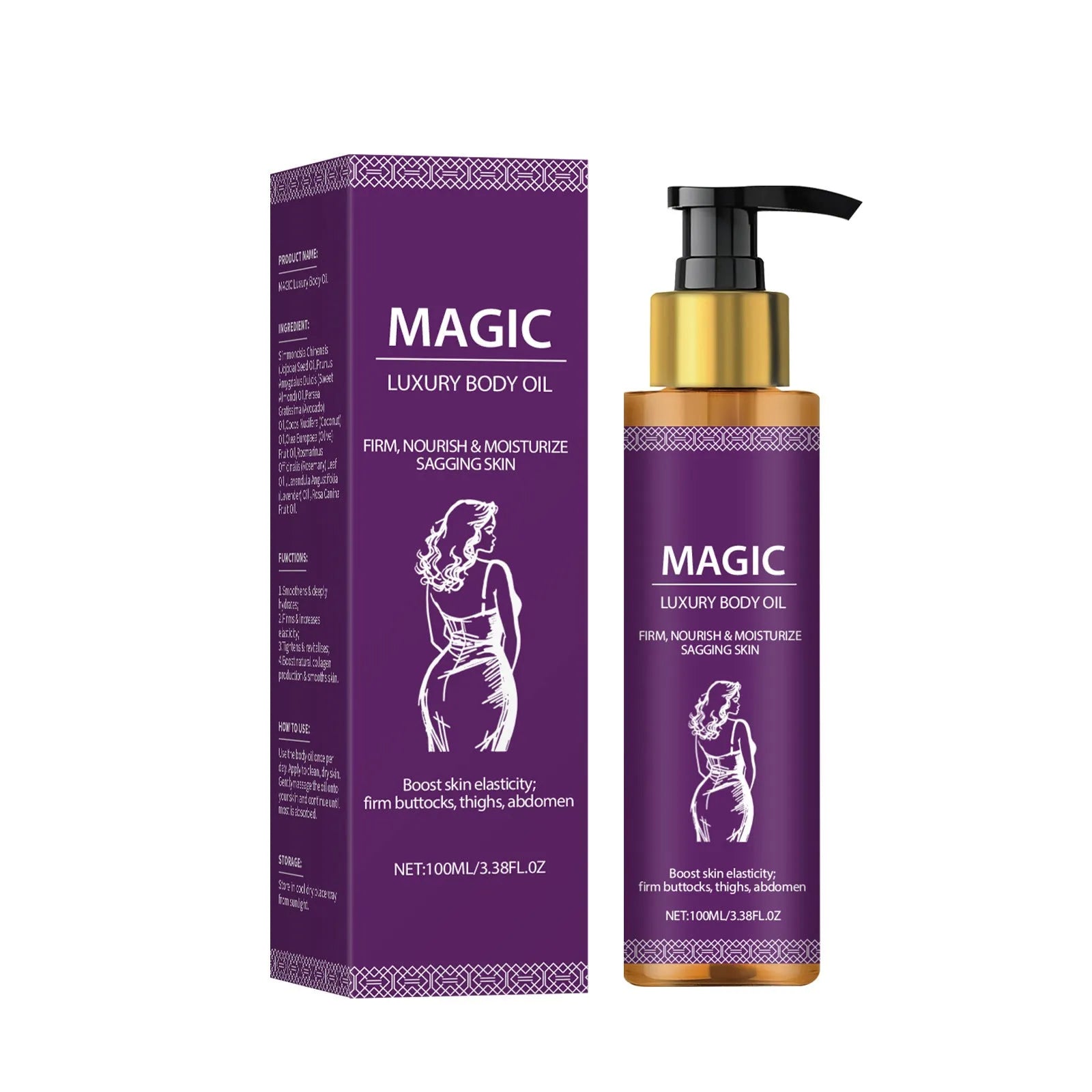 100 ml bottle of body treatment oil with jojoba camellia sweet almond oils