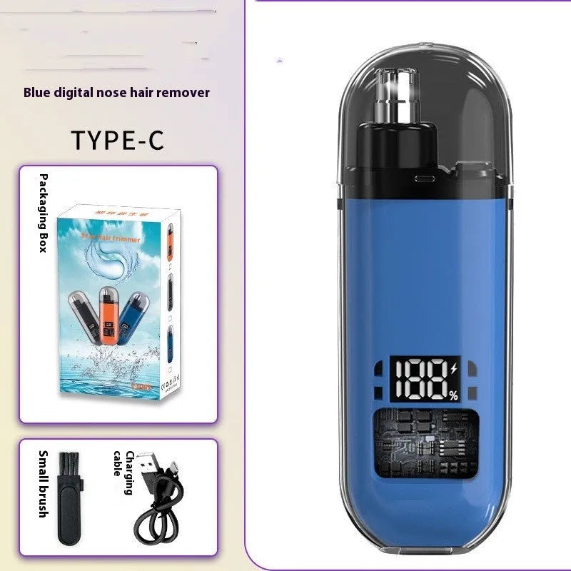 Rechargeable nose hair trimmer with digital display showing black, blue and orange colour options