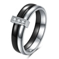 Geometric ceramic women's ring with glossy stitching and zirconium inlays in steel black finish