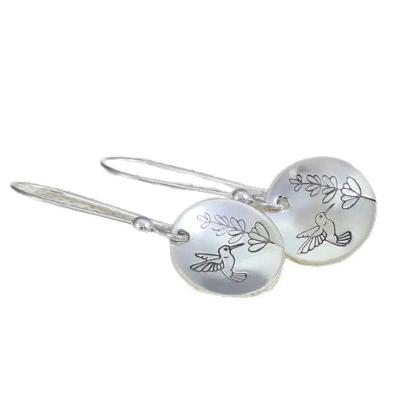 Silver retro bird and flower motif women's earrings with glossy finish