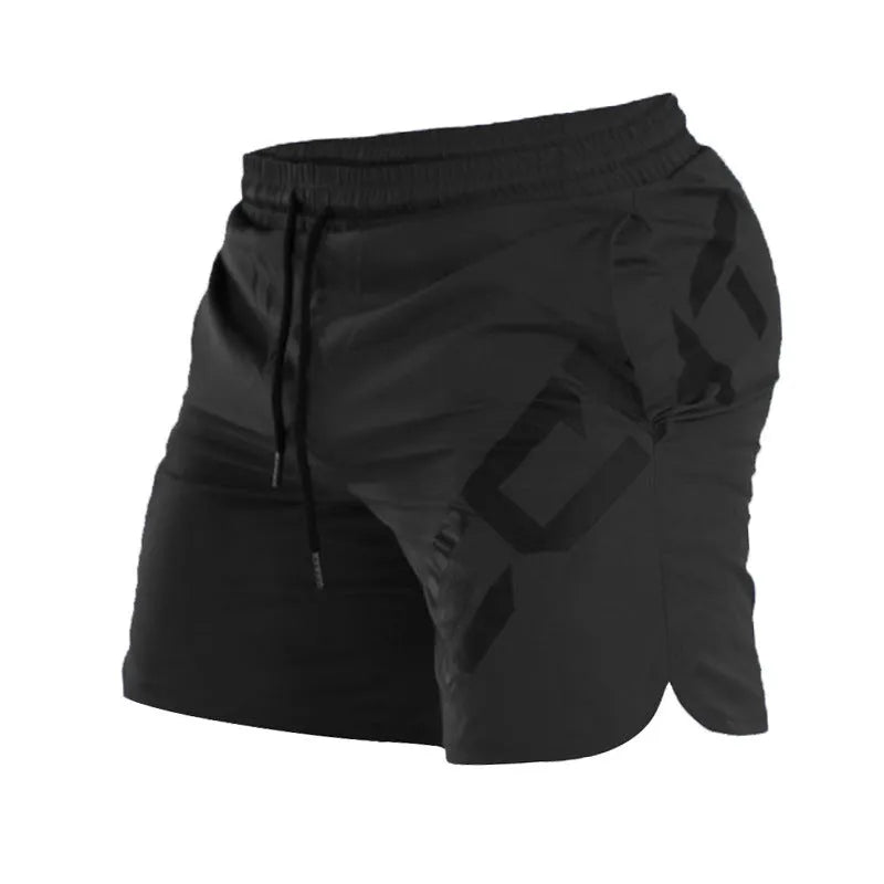 Men's black quick-dry running shorts with elastic waist and knee-length design for summer sports