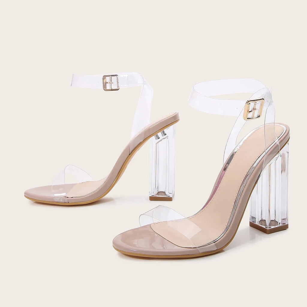 Women's apricot round toe sandals with transparent PVC glass heel and buckle fastening