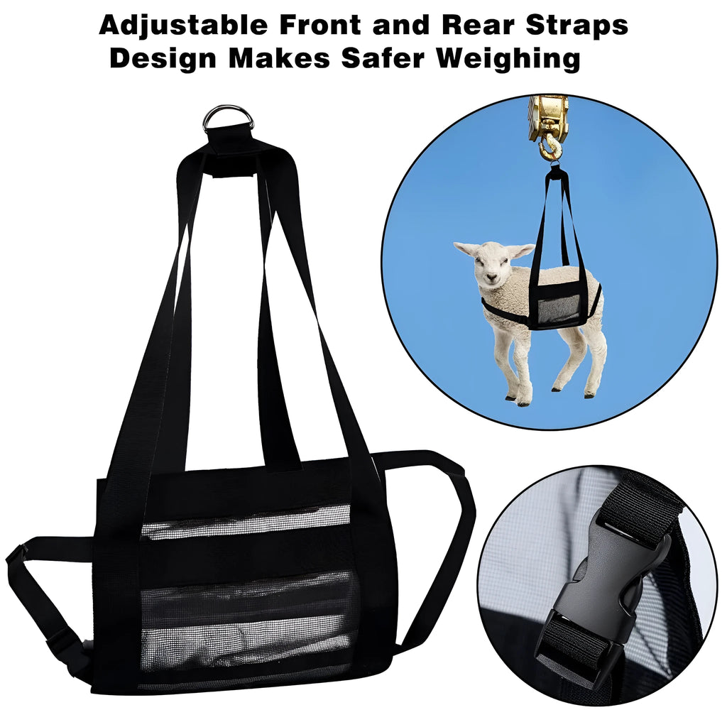 Black PVC-coated calf weighing sling with adjustable straps on a white background.