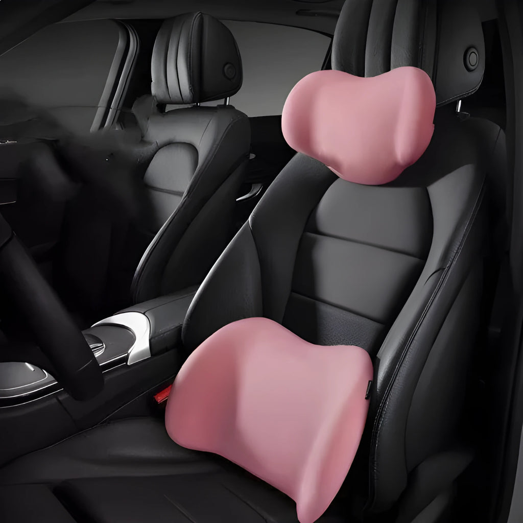 Black memory cotton car seat cushion shown as a headrest and a separate back support piece on a car seat.