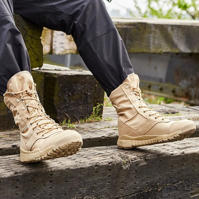 Yulong Summer Combat Boots in black and sand colour, tactical desert boots for outdoor use.