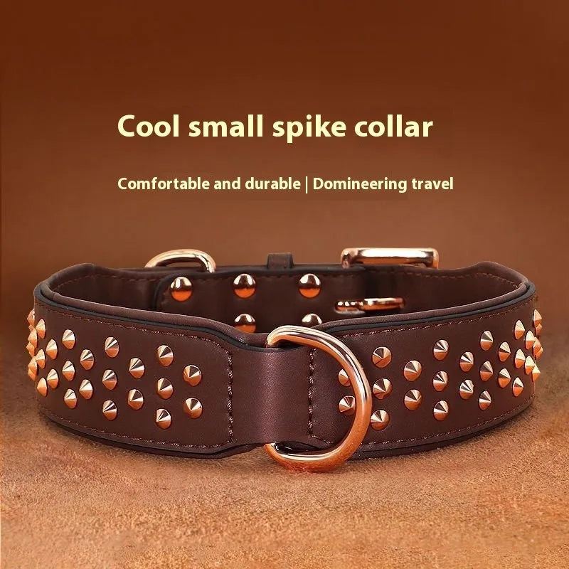 Leather dog collar with metal rivets and a stainless steel D-ring, shown in black, chocolate, and pink colour options.
