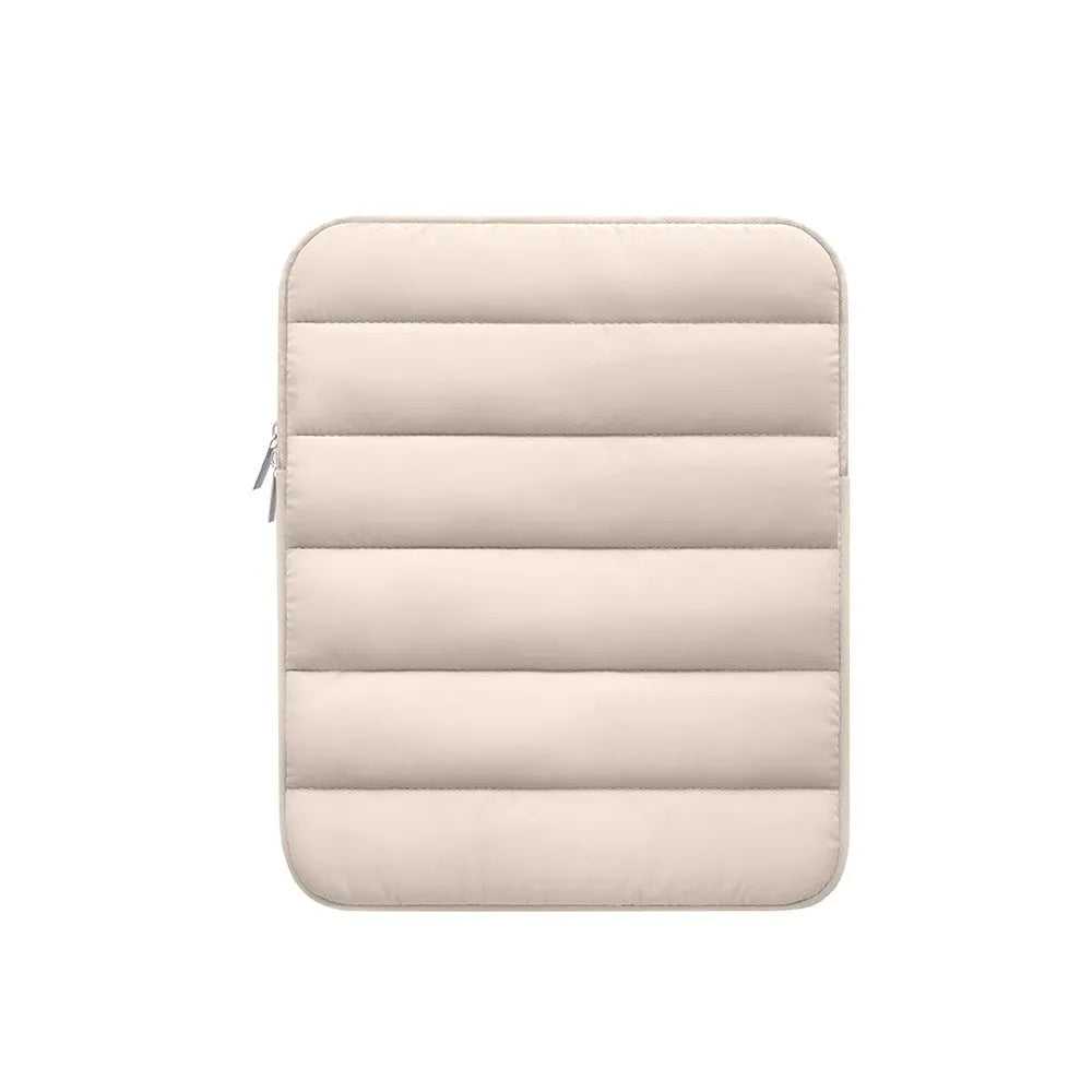 Elastic puff bag laptop sleeve for 9.7-11 inch devices in black, khaki, and silver colours