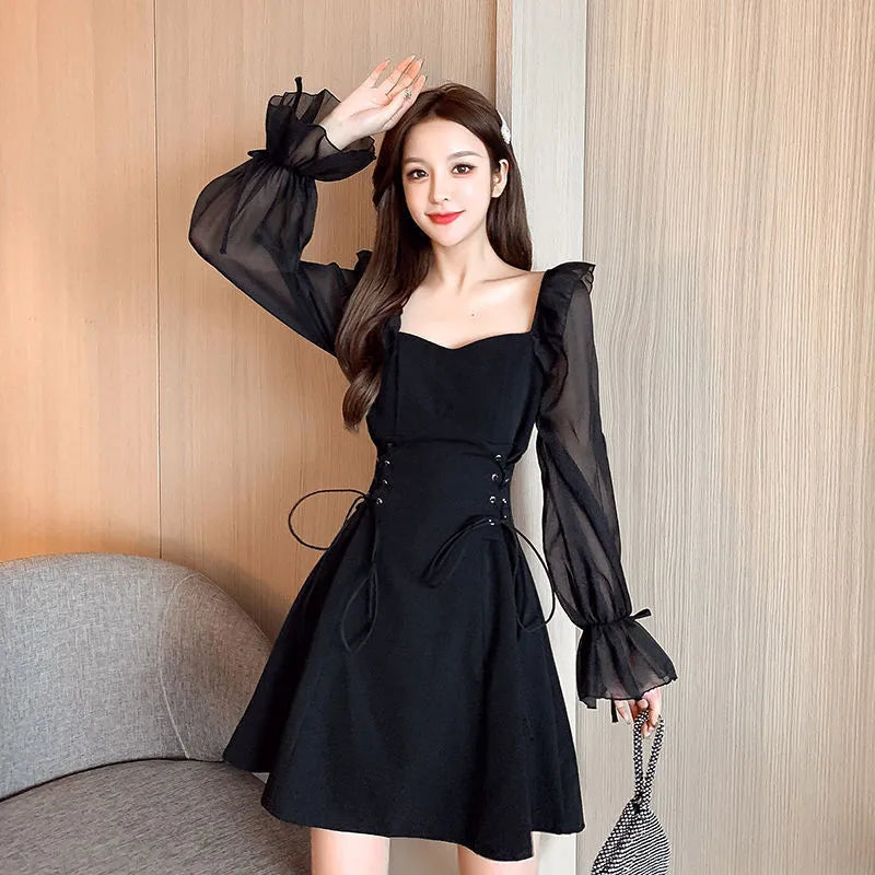 White long sleeve dress with chiffon patchwork detail and waist-slimming cut for women