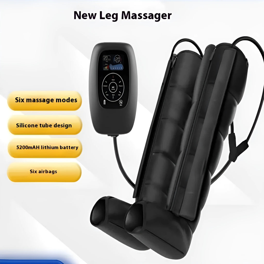 Air compression leg arm waist massager unit with handheld remote control, showing L XL XXL size options