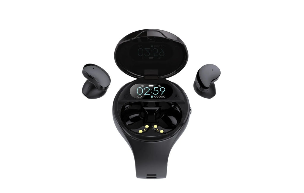 Black smart fitness bracelet with detachable Bluetooth earbuds for heart rate and step tracking