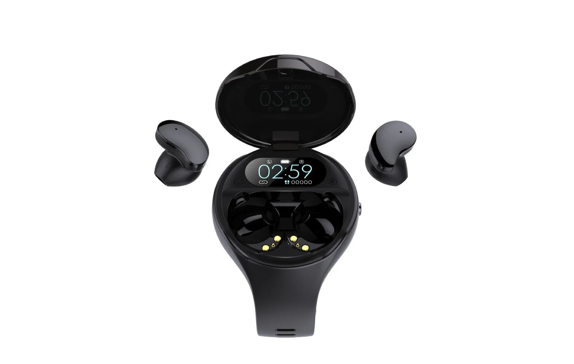 Black smart fitness bracelet with detachable Bluetooth earbuds for heart rate and step tracking