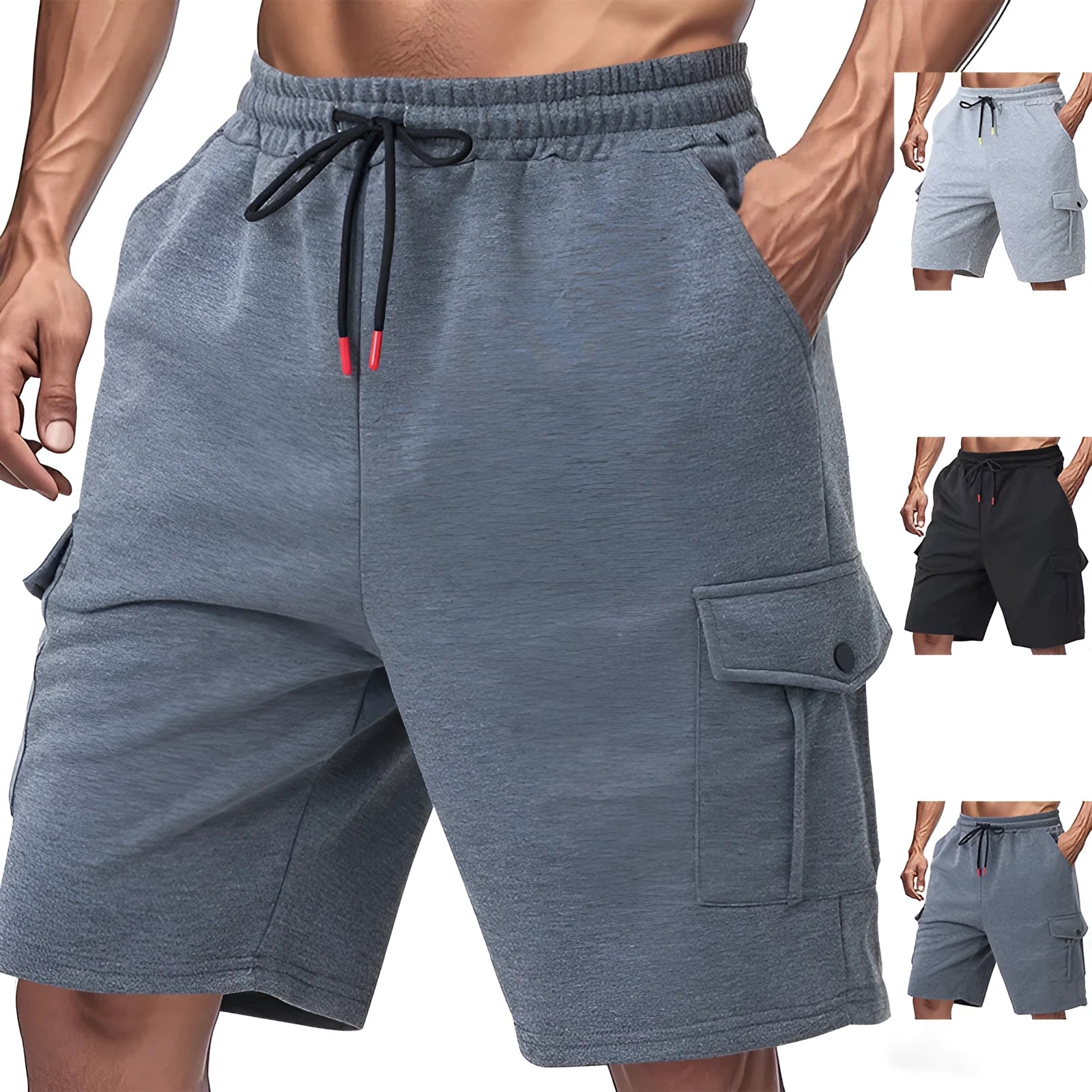 Men's loose sports cargo shorts in black with multi-pocket design and towel fabric texture for summer wear