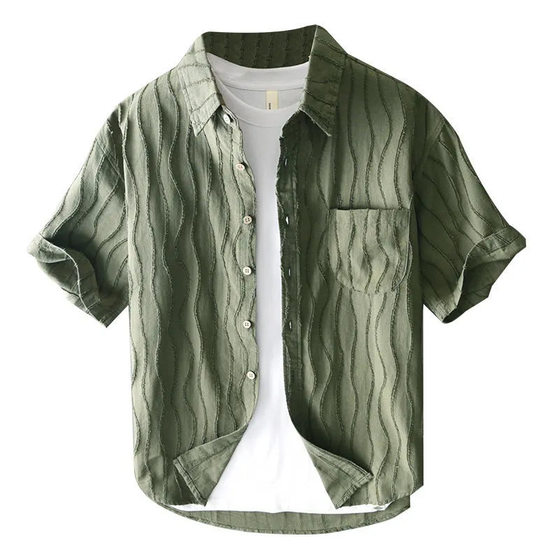Men's pure cotton short sleeve casual shirt in loose Japanese fresh style available in apricot or army green