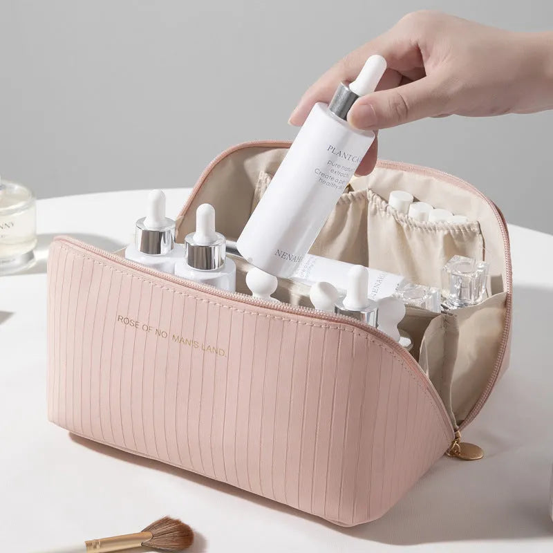 Cubic vertical pattern PU makeup bag in beige available in multiple colours for travel storage