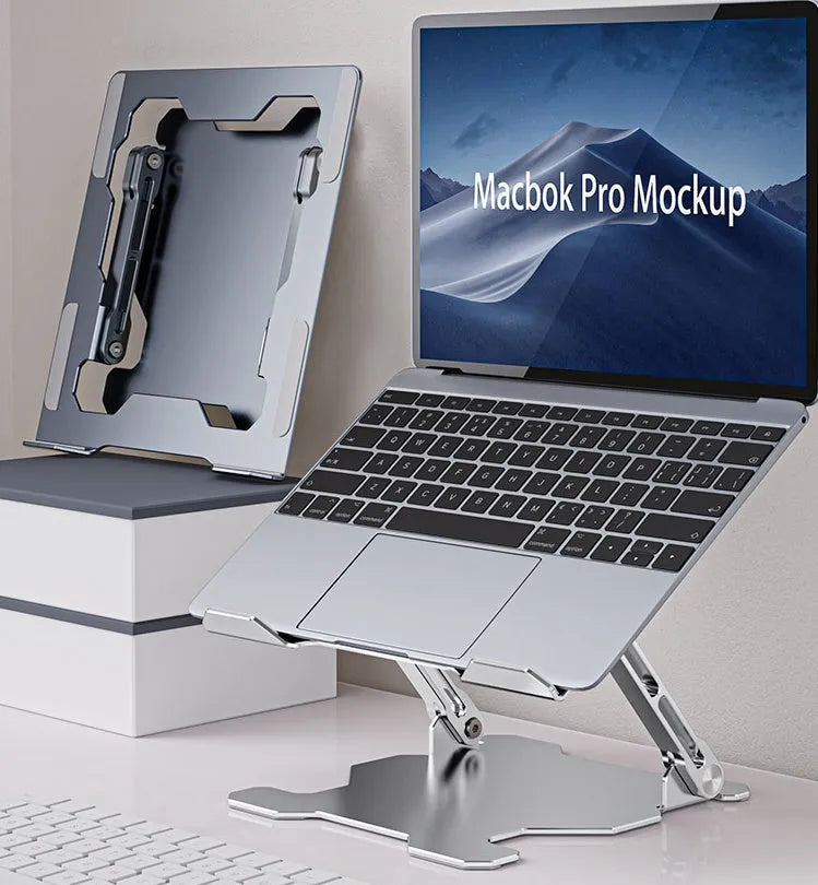 Grey aluminium adjustable laptop stand folded and unfolded on a wooden desk