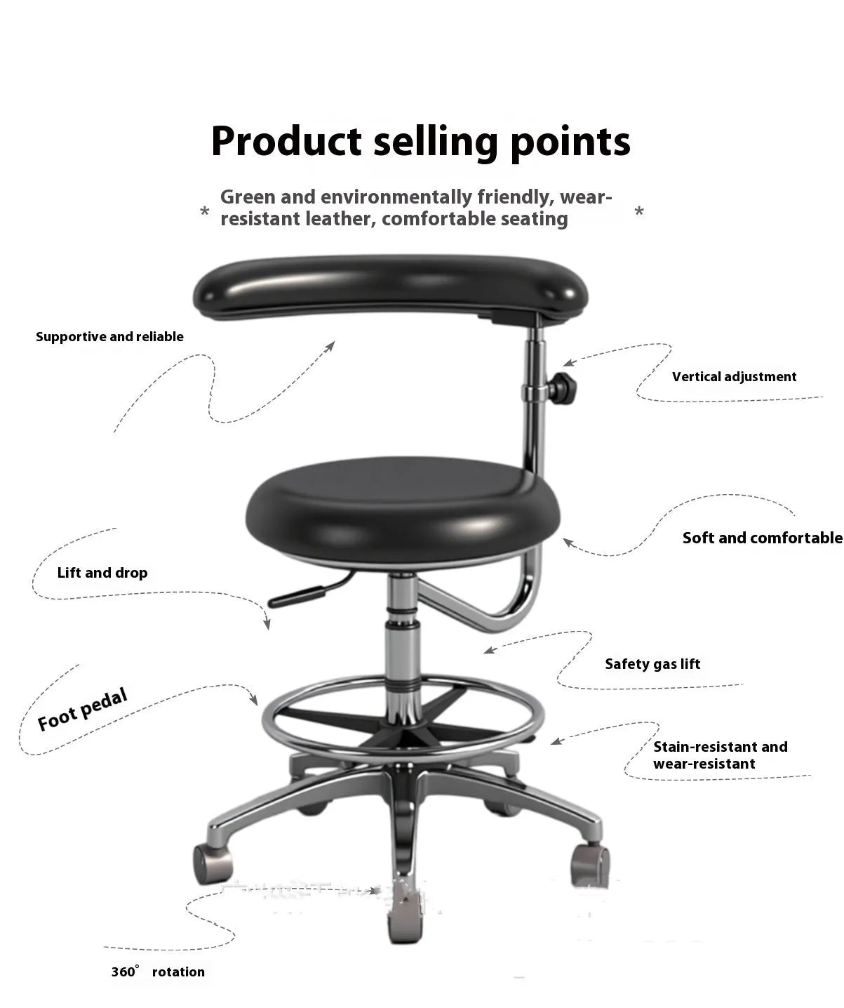 Black leather dental chair for hospital clinical seating
