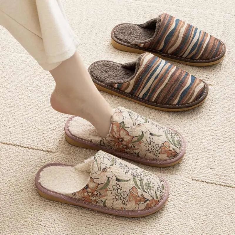 Cotton household slippers with linen surface, PVC sole, available in six colour patterns including floral designs