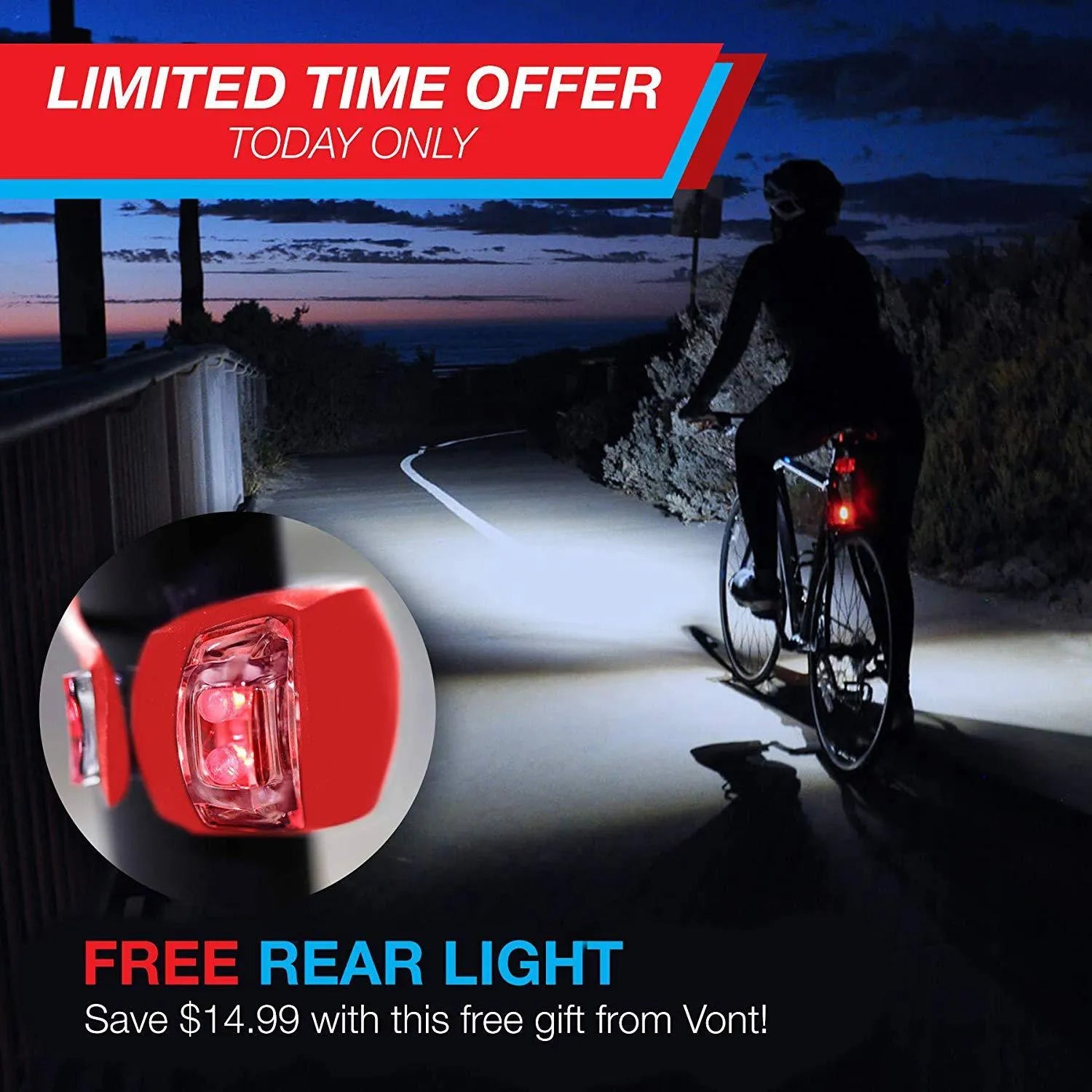 Bicycle headlight and red taillight set with a black mounting bracket on a white background.