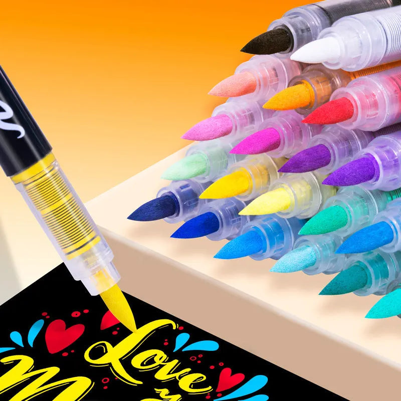 Set of straight liquid acrylic marker pens with soft heads in multiple colours for art and graffiti.