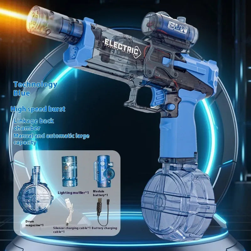 Black and blue automatic electric water pistol with LED lights, shown ready for a summer water fight.