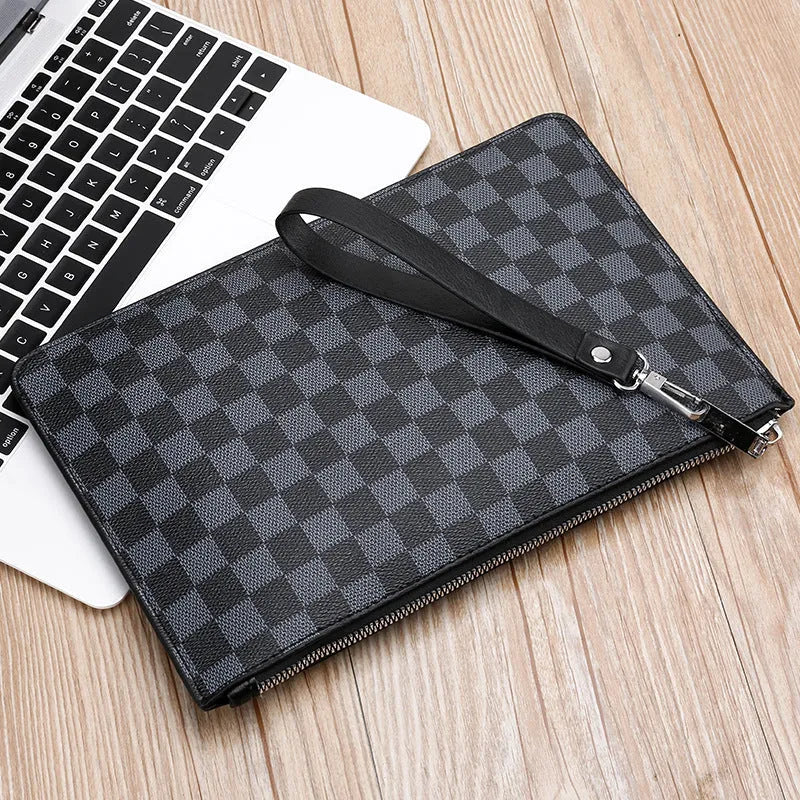 Men's black checkered PU leather clutch wallet showing six card slots and bill compartment