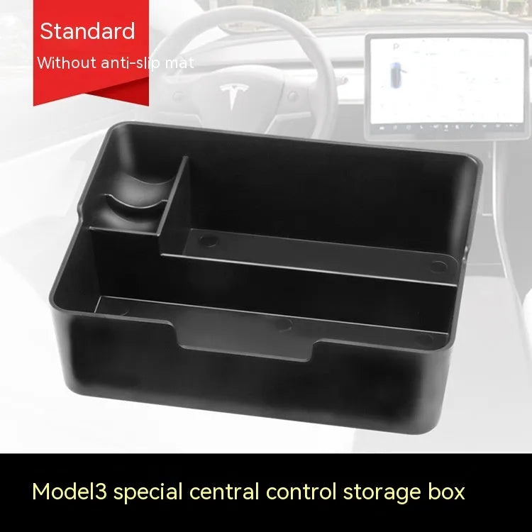 Tesla central armrest storage box retrofit accessory in plastic for Model 3, Model S, and Model X