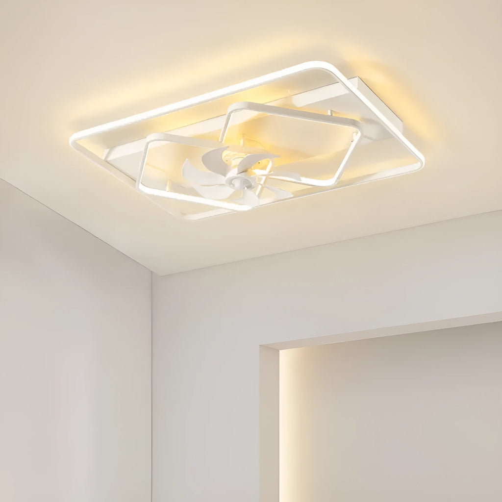 Modern ceiling fan light with thin plastic blades and a white acrylic lampshade, measuring 1100 mm by 700 mm.