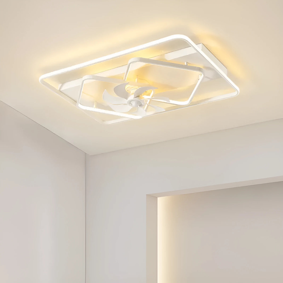 Modern ceiling fan light with thin plastic blades and a white acrylic lampshade, measuring 1100 mm by 700 mm.