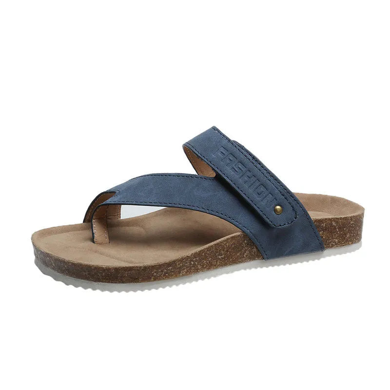 Flat toe ring thick-soled flip-flops in artificial PU with foam sole, shown in blue colour
