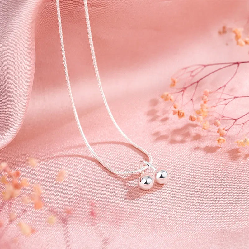 Silver cherry necklace with adjustable snake bone chain and Korean style fruit pendant