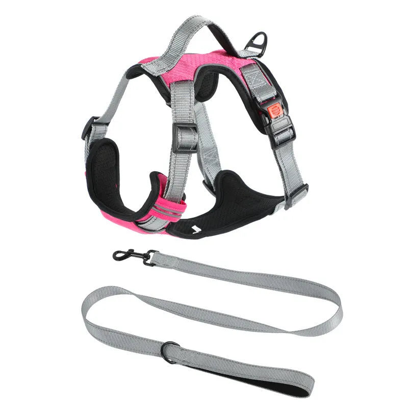 Adjustable polyester dog chest harness in multiple colours with optional hand-holding rope attached.