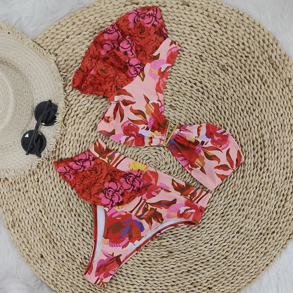 Pink and red floral print one-shoulder ruffled bikini top with high-waisted swimsuit briefs