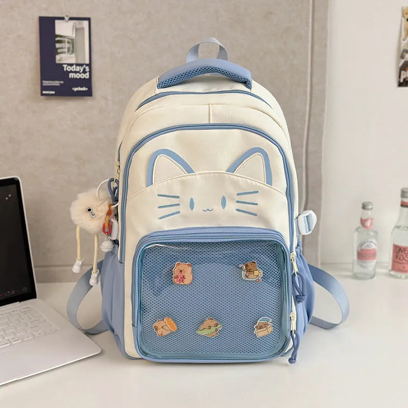 Korean cartoon anime style large capacity nylon backpack in various colours with curved shoulder straps.