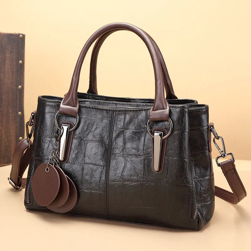 Horizontal square PU shoulder bag in vintage brown colour with single strap and open outer pocket
