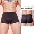 Men's striped underwear in thin transparent nylon fabric showing black, dark grey and white colour options