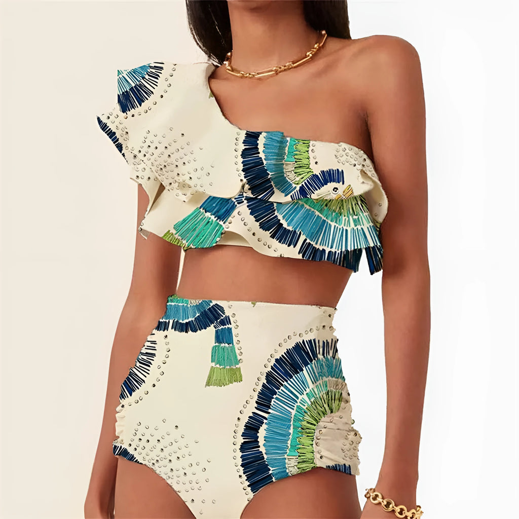 White women's one-shoulder swimsuit with lotus leaf skirt detail and double-layer construction