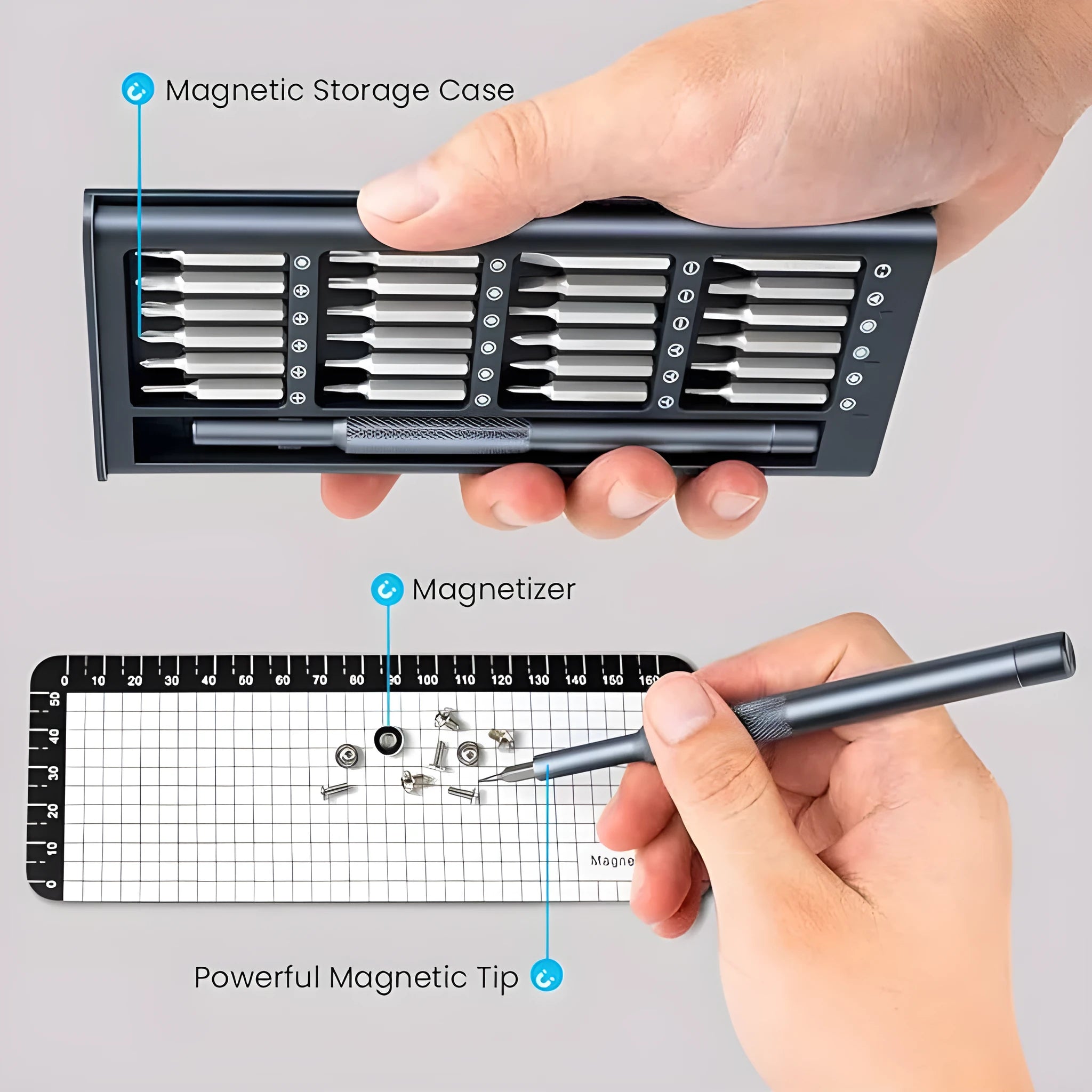 25-in-one multi-bit screwdriver set with chrome vanadium steel bits and ABS handle.